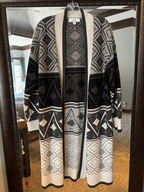 Magaschoni Black and Gray Geometric Long Open-Front Cardigan